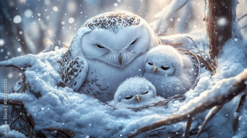 Snowy Owl Family Huddles Together in Snowy Nest With Fluffy Owlets Peeking Out. Generative AI Snowy Owl Family Huddles Together in Snowy Nest With Fluffy Owlets Peeking Out. Generative AI