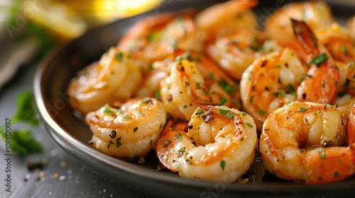 Close-up of a plate of cooked shrimp with parsley and peppercorns.