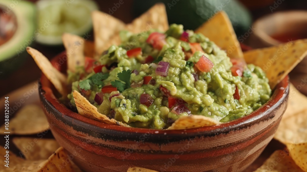 A bowl of guacamole with tortilla chips, red pepper, and cilantro. A bowl of guacamole with tortilla chips, red pepper, and cilantro.