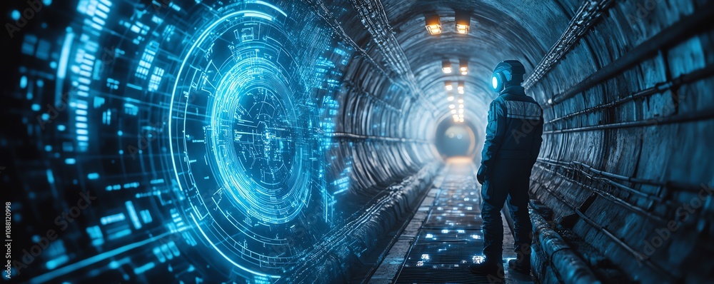 Futuristic miner in an underground tunnel, using a neon blue holographic interface to access critical data for precise and efficient resource extraction Futuristic miner in an underground tunnel, using a neon blue holographic interface to access critical data for precise and efficient resource extraction