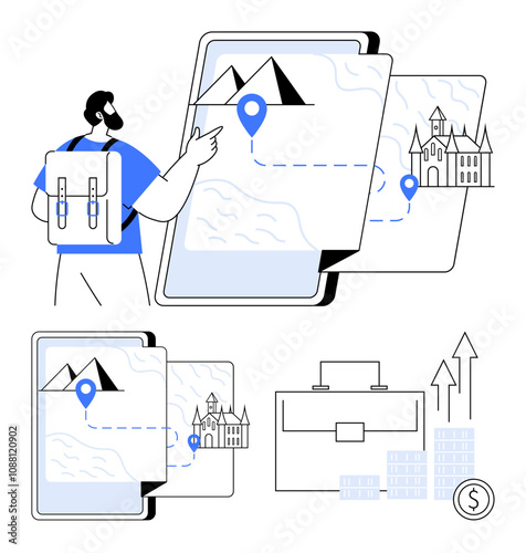 Man with backpack planning travel route using map displayed on multiple screens, pinpointing a church and mountains. Ideal for travel, navigation, tourism, technology, business planning, growth photo