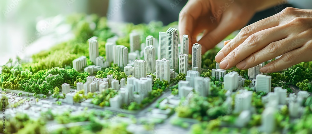 Hands of an urban planner designing a city model with lush greenery ...