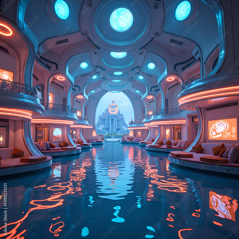 Obraz premium A serene futuristic lounge by the water with soft neon illuminations and luxurious pools, digital art of interior design concept.