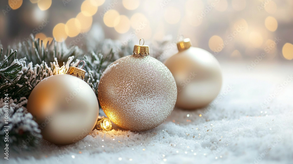 Golden Christmas ornaments on snow with festive lights in the winter Golden Christmas ornaments on snow with festive lights in the winter