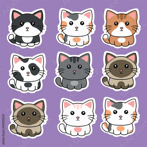 Cute cartoon cats stickers set. Cute kitty characters. Vector illustration.