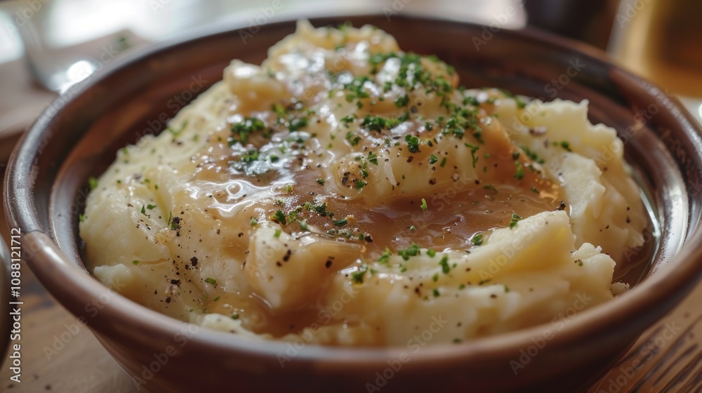 A bowl of creamy mashed potatoes with gravy and parsley. A bowl of creamy mashed potatoes with gravy and parsley.