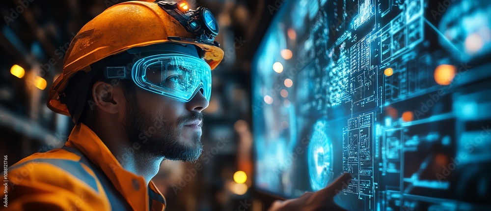 Miner using a neon blue holographic interface underground, accessing data for precise resource extraction in a hightech futuristic mining environment Miner using a neon blue holographic interface underground, accessing data for precise resource extraction in a hightech futuristic mining environment