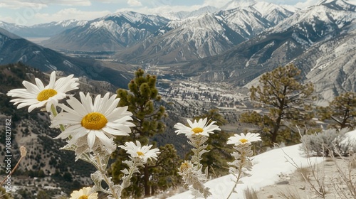 white flowers over snowy mountains