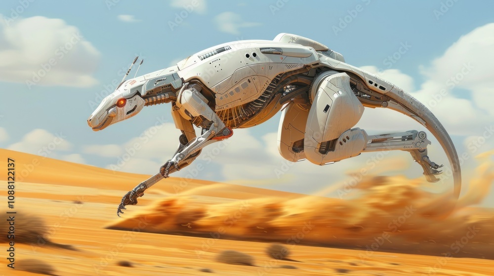 A futuristic robotic kangaroo runs across a desert landscape, kicking up sand. A futuristic robotic kangaroo runs across a desert landscape, kicking up sand.