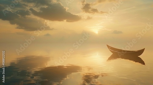 alonely small boat floating in the ocean at sunset
