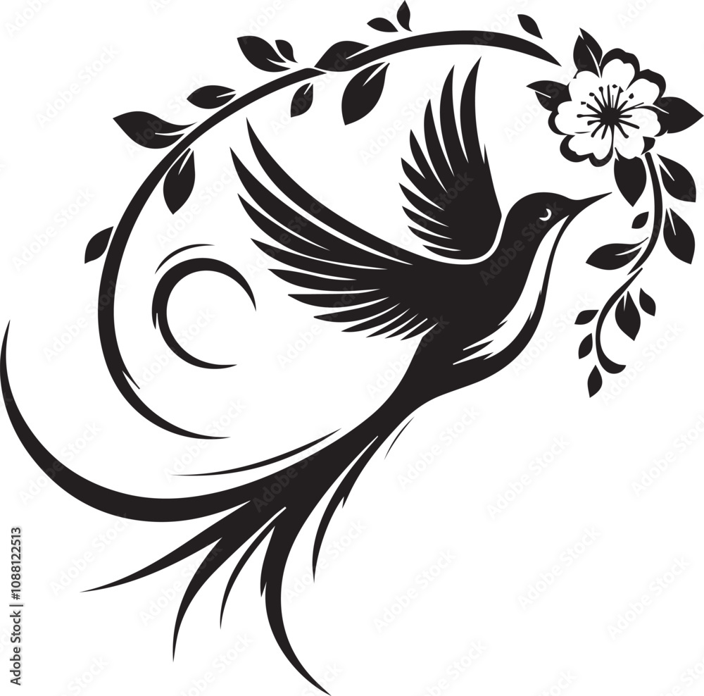 Fototapeta premium A bird with a long tail soaring toward a blooming flower branch