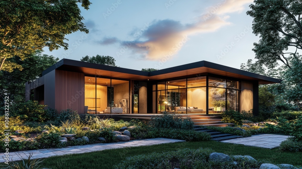 Modern House Design With Large Windows and a Beautiful Garden in a Rural Setting. Generative AI Modern House Design With Large Windows and a Beautiful Garden in a Rural Setting. Generative AI