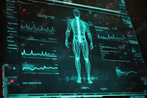 A digital interface shows a patient's medical history, DNA analysis, and various test results for health assessment. Generative AI photo