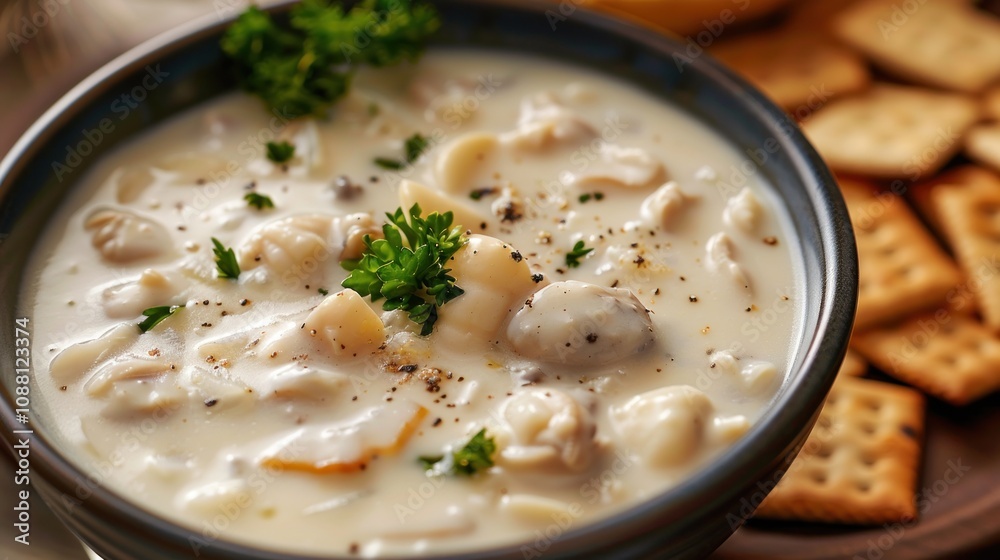 Creamy clam chowder soup in a bowl with crackers on the side. Creamy clam chowder soup in a bowl with crackers on the side.