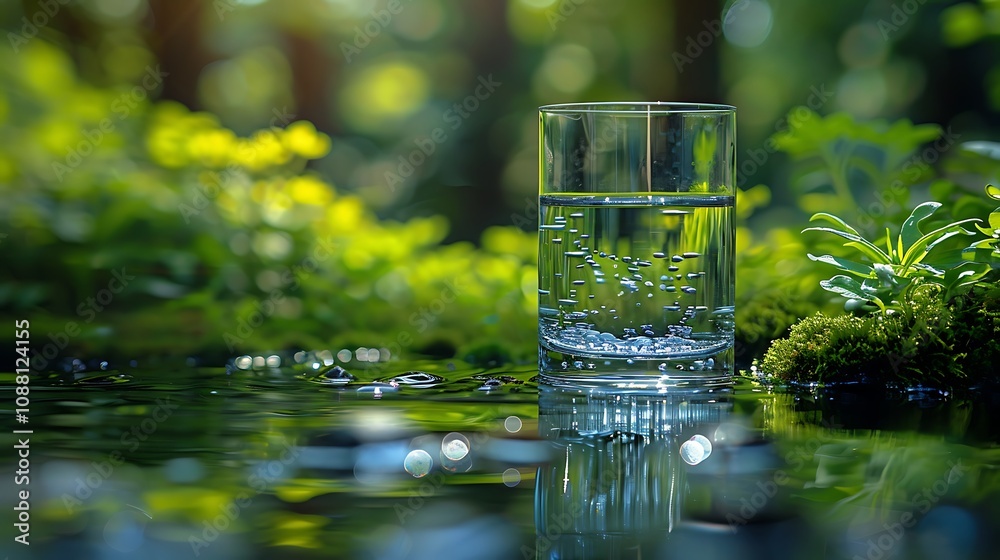 A picturesque and sharp photo of a glass of water in a lush and green forest landscape. A picturesque and sharp photo of a glass of water in a lush and green forest landscape.