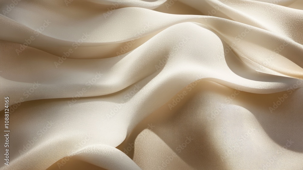 Obraz premium Soft and Elegant Beige Fabric Texture with Gentle Waves and Creases, Perfect for Backgrounds or Textile Designs, Showcasing the Beauty of Natural Fabrics in Bright Light
