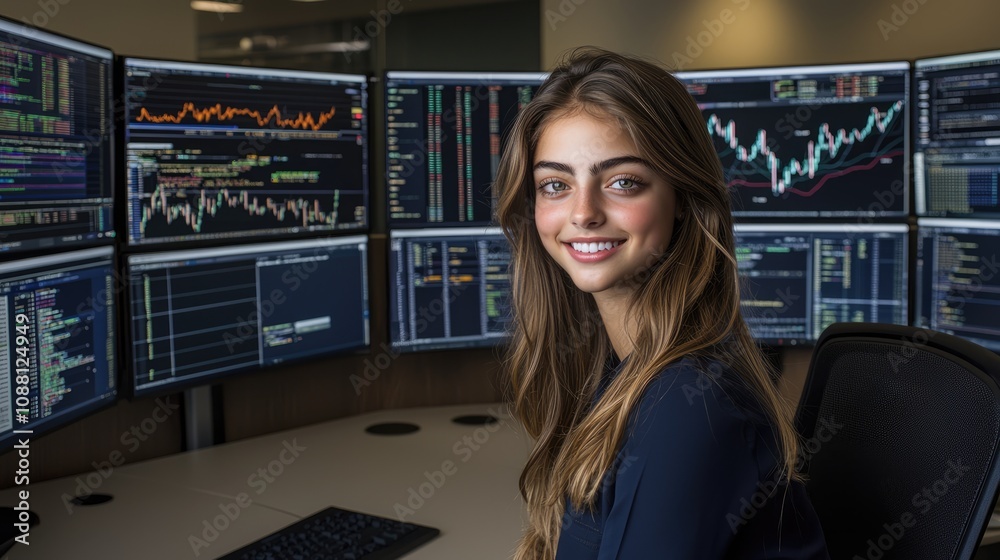 A young woman smiles confidently in front of multiple computer screens displaying financial data and stock market trends. A young woman smiles confidently in front of multiple computer screens displaying financial data and stock market trends.