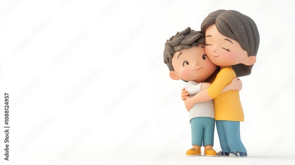3d character mom and son hugging on happy mothers day celebration isolated white background copy space. 3d character mom and son hugging on happy mothers day celebration isolated white background copy space.