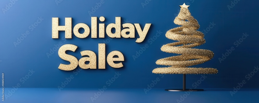 Obraz premium Holiday sale promotional graphic featuring a gold glitter tree on a blue background.