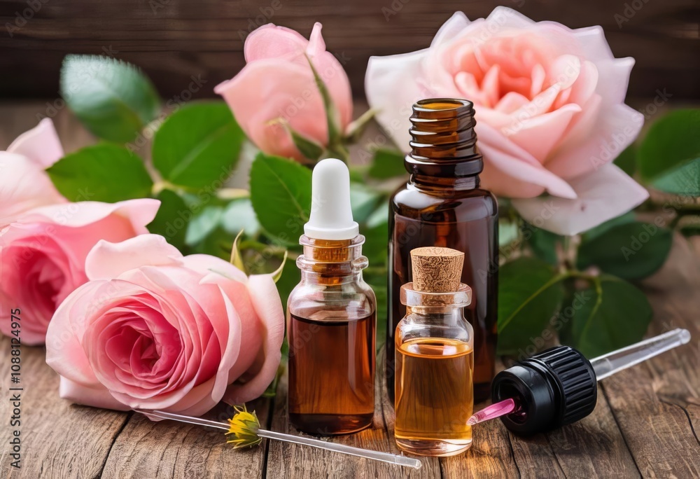A set-up with bottles of rose essential oil, a pipette, and flowers on a wooden table. A set-up with bottles of rose essential oil, a pipette, and flowers on a wooden table.