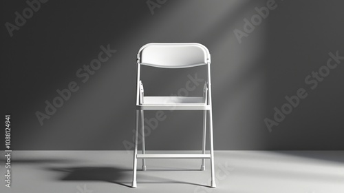 A white folding chair stands alone in a minimalist studio setting. The chair casts a long shadow on the gray floor, highlighting its simple form.