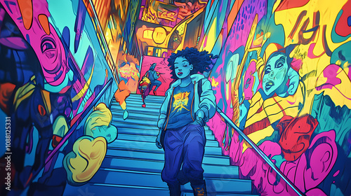 A vibrant street art-inspired mural with bold graffiti, dynamic characters, and a burst of urban energy. background. Dynamic Street Graffiti. Illustration photo
