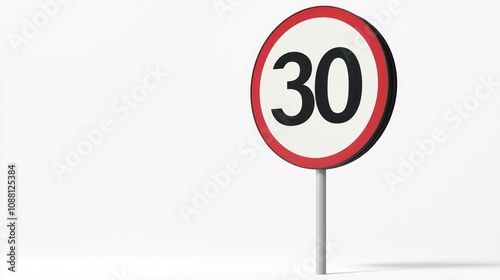 3D render of a traffic speed limit sign, white background with black numbers, isolated, transparent background, 