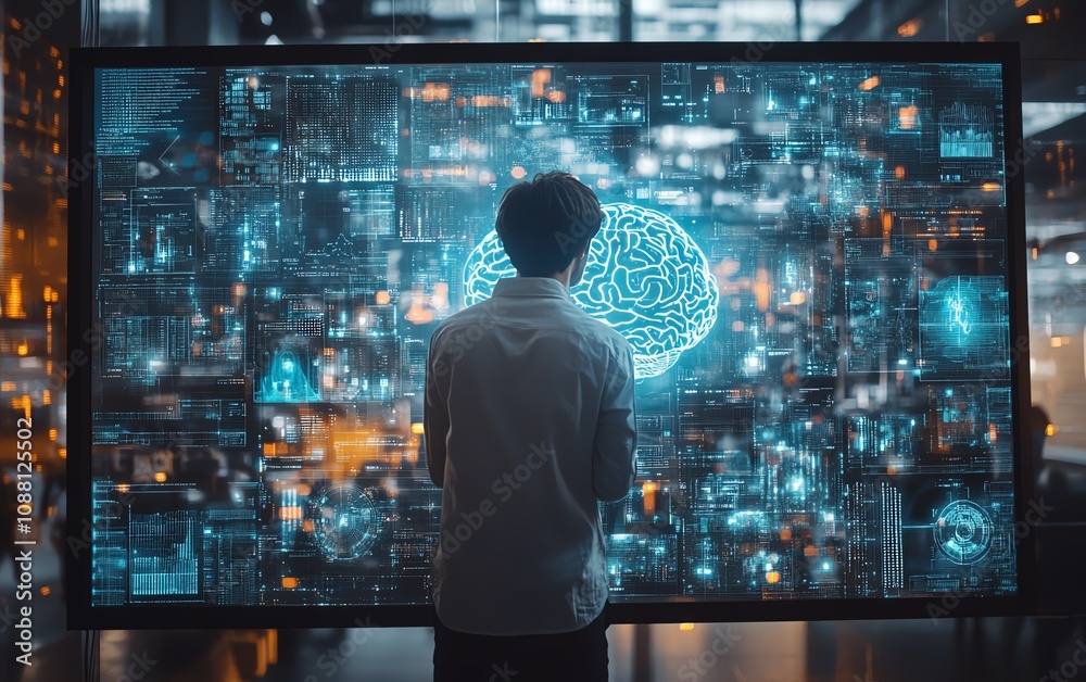 Futuristic man exploring a digital brain interface, showcasing the harmonious relationship between human cognition and artificial intelligence in an advanced digital world Futuristic man exploring a digital brain interface, showcasing the harmonious relationship between human cognition and artificial intelligence in an advanced digital world