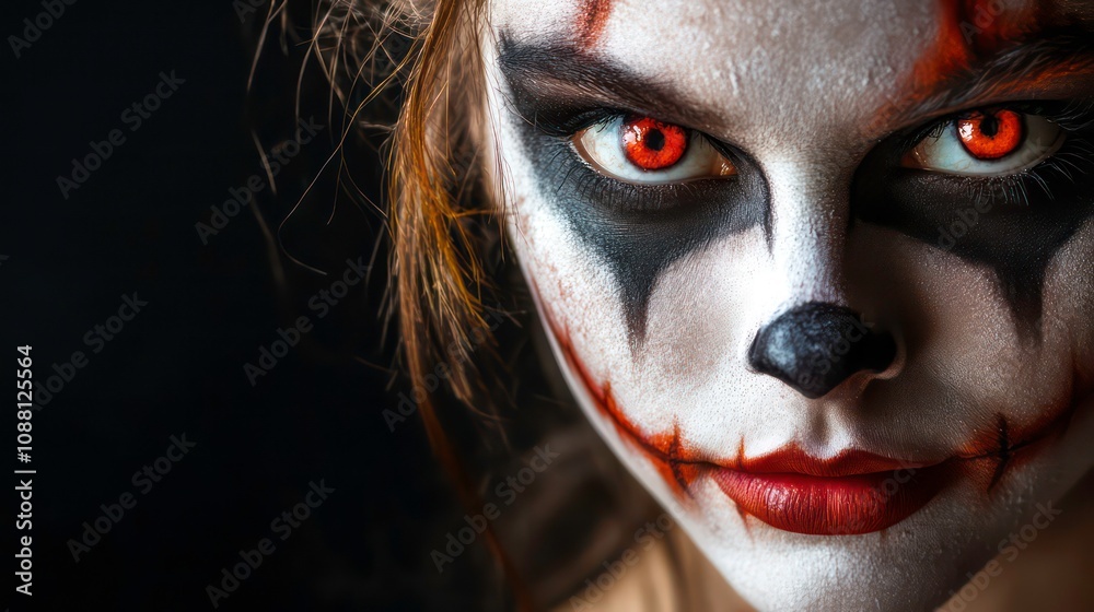 Extreme closeup, portrait of a beautiful young woman looking at camera, wearing scary Halloween makeup isolated on black background with copy space. Template for Halloween greeting card. Extreme closeup, portrait of a beautiful young woman looking at camera, wearing scary Halloween makeup isolated on black background with copy space. Template for Halloween greeting card.