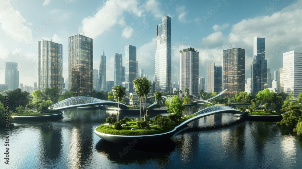 Fototapeta premium A futuristic floating cityscape with sustainable architecture and renewable energy sources, Urban planning innovation style, photo of