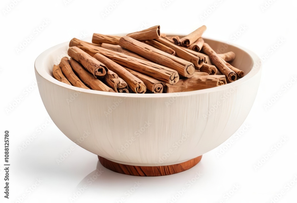 A white bowl filled with sandalwood on a white background