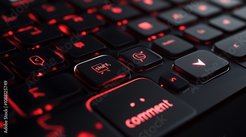 Close-up of illuminated keyboard with "Share" and "Comment" keys.