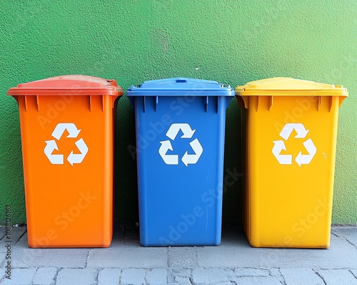 Set of three recycling bins for plastic, paper, and metal, colorcoded and labeled with recycling symbols, promoting efficient waste sorting and environmental consciousness photo