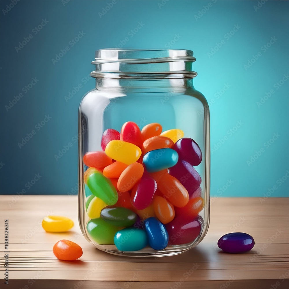 colorful jellybeans in glass jar; close up of colourful fruit colorful jellybeans in glass jar; close up of colourful fruit