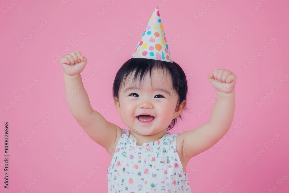 Baby with black hair celebrating in a romper and party hat against a pink background Baby with black hair celebrating in a romper and party hat against a pink background