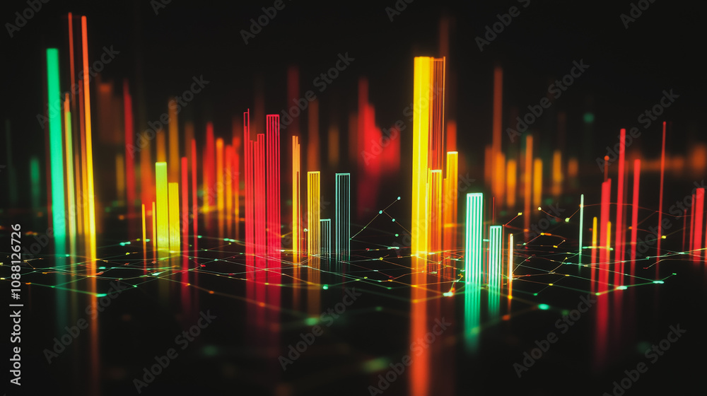 Abstract black background with 3D Colorful charts and graphs with statistics to innovative analyze business potential and forecast future development of companies growth. Abstract black background with 3D Colorful charts and graphs with statistics to innovative analyze business potential and forecast future development of companies growth.