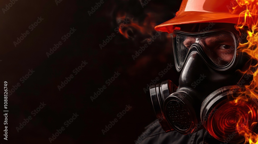 Fototapeta premium Extreme close-up of a man in gas mask and hard hat witnessing an environmental disaster. Isolated on black dark background with flames and copy space, template, banner.