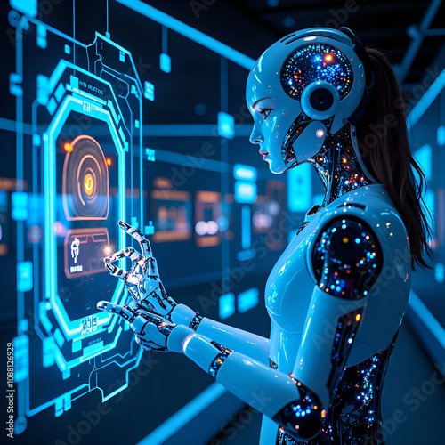 Futuristic robot engaging with holographic interface in a neon infused digital environment, digital art of sci fi concept. photo