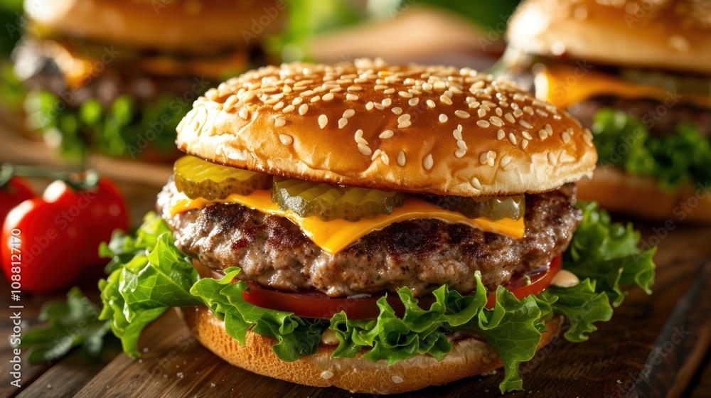 Close-up of a cheeseburger with lettuce, tomato, pickles, and cheese on a sesame seed bun, with two other burgers and cherry tomatoes in the background. Close-up of a cheeseburger with lettuce, tomato, pickles, and cheese on a sesame seed bun, with two other burgers and cherry tomatoes in the background.