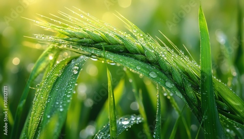 Detailed closeup of dewcovered green wheat ears, capturing the growth of crops and the tranquil beauty of nature on a fresh, dewy morning photo