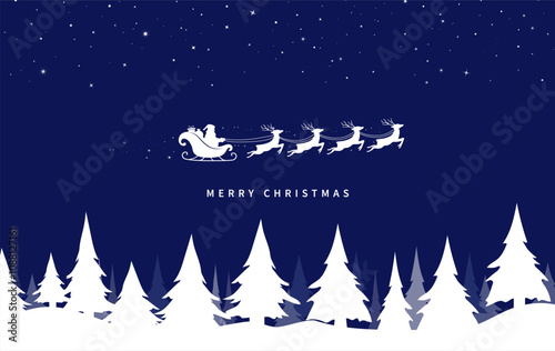 Santa Claus ride sleigh with flying reindeer. Snowflake and star decorative element. fir trees in snow. Merry christmas banner. Vector illustration