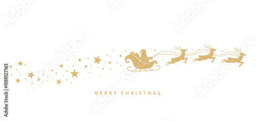 Santa Claus ride sleigh with flying reindeer. Snowflake and star decorative element. Santa Sleigh Silhouette. Merry christmas banner. Vector illustration