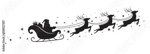 Santa Claus ride sleigh with flying reindeer. Santa Sleigh Silhouette isolated on white background. Merry christmas. Vector illustration