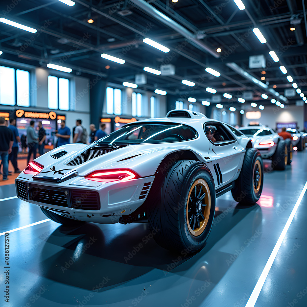 Fototapeta premium Innovative high performance racing vehicle with sleek design and advanced features displayed at a tech expo, photography of automotive design concept.