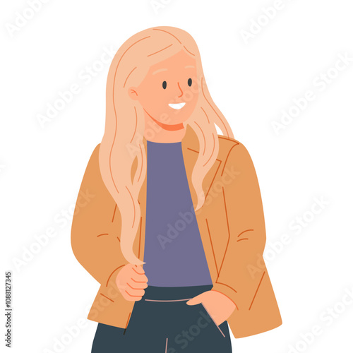 Confident young woman standing with hand on hip, smiling and looking aside. Happy female character.