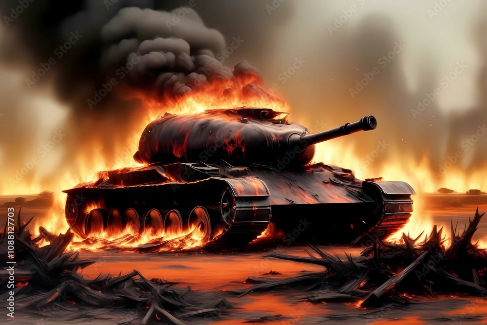 Burning tank in a battlefield, black smoke, flames, dramatic destroyed landscape, intense atmosphere Burning tank in a battlefield, black smoke, flames, dramatic destroyed landscape, intense atmosphere