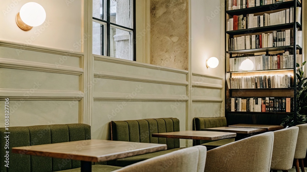 Cozy and elegant cafe interior with modern design and soft lighting Cozy and elegant cafe interior with modern design and soft lighting