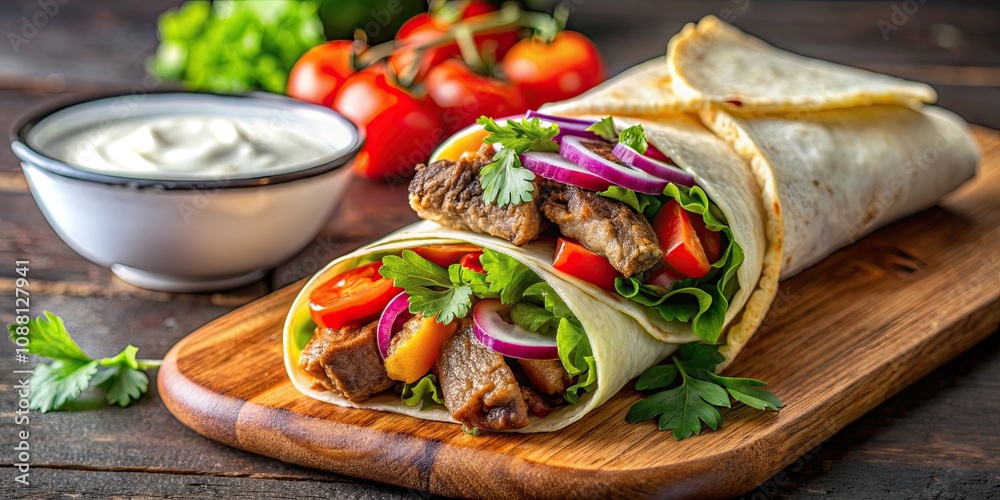 Delicious meat shawarma wrap with fresh vegetables and sauce , Middle Eastern, grilled, street food, kebab, savory, wrap Delicious meat shawarma wrap with fresh vegetables and sauce , Middle Eastern, grilled, street food, kebab, savory, wrap
