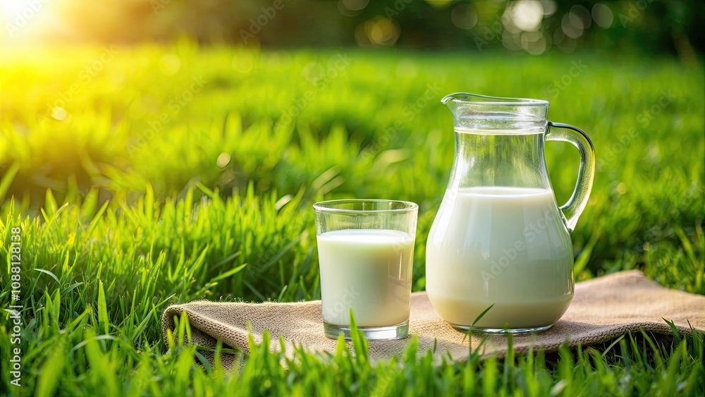 Decanter and glass of milk placed on the lush green lawn for World Milk Day celebration, milk, decanter, glass, lawn, celebration Decanter and glass of milk placed on the lush green lawn for World Milk Day celebration, milk, decanter, glass, lawn, celebration