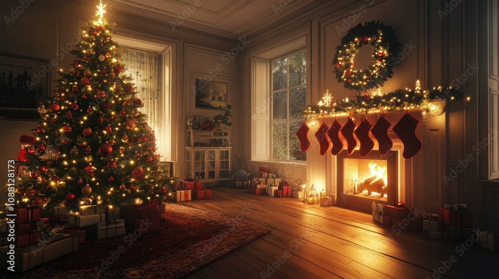 custom made wallpaper toronto digitalA warm living room featuring a Christmas tree decorated with red and gold ornaments, stockings hung from the fireplace, and twinkling fairy lights creating a cozy ambiance.